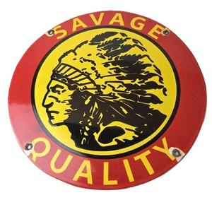 Vintage Savage Arms Sign - Quality Porcelain Service Gun Ammo Gas Oil Pump Sign - Picture 1 of 14