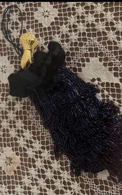 Vintage Blue Iridescent Glass Beaded & Lined Draw String Bag - Image 1 of 4