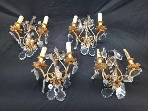 Antique Set 4 or 2  pair Bronze French Lyre Sconces Prisms Candle Caldwell era Cover