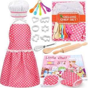 Kids Cooking Baking Set 19Pcs, Chef Hat, Pink Apron, Pretend Role Play for Girls - Picture 1 of 7