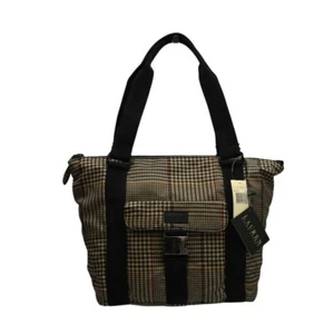 Lauren Ralph Lauren Houndstooth Tote Shoulder Handbag Nylon Tan Black 699-TTE - Picture 1 of 7