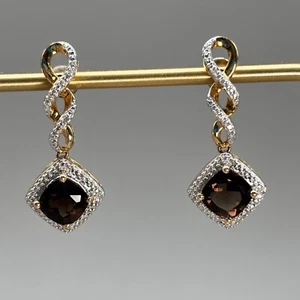 Orecchini pendenti argento sterling 925 quarzo fumè placcato oro zirconi strass aureola - Foto 1 di 10