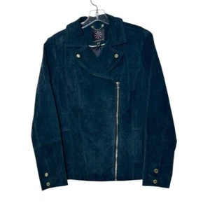 Isaac Mizrahi Live US 12 Green Suede Leather Jacket Motorcycle Moto Pockets - Picture 1 of 8