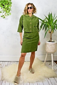 VINTAGE / 50's Moss Green Soft Corduroy Crop Jacket Pencil Skirt Suit Set / S - Picture 1 of 9