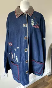 Ladies Denim Jacket Size 12-14 Large Embroidery Christmas - Picture 1 of 9