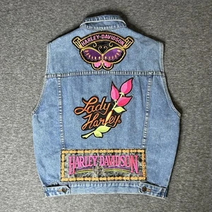 Vintage Harley-Davidson Denim Vest Womens Small Lady Harley Butterfly Patch 90s - Picture 1 of 5