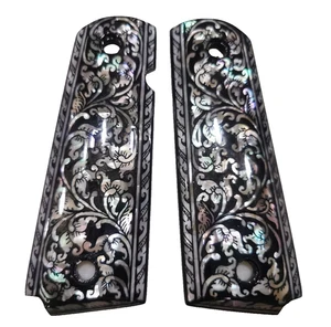 FULL SIZE 1911 PEARL GRIPS FOR COLT KIMBER RUGER TAURUS S&W BLACK FLOWER ART - Picture 1 of 20