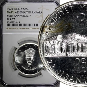 Turchia Argento PROOF 1970 25 Lire NGC MS67 Ankara TOP GRADED APPARISCENTE KM# 897 (015) - Foto 1 di 5