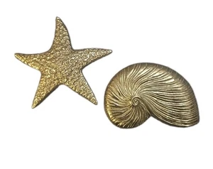Set of 2 Vintage Brass Nautilus Shell Ocean Beach Nautical Wall Decor bath camp - Picture 1 of 7