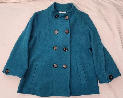 Chaqueta Abrigo Swing Talla 2 L CHICO'S Azul Teal 100% Lana Con Botones Foto 1 de 4