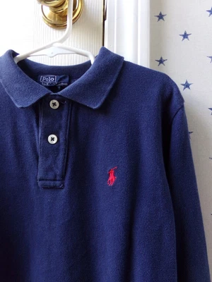 POLO Ralph Lauren темно-синий рубашка 6 твердого 100% хлопок опрятный 6 мальчиков винтажный $45 L/S - Изображение 1 из 4