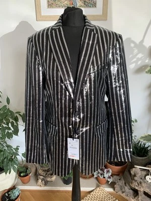 Zara Man Striped Sequin Blazer Jacket Tuxedo Size 38 - Men Tux Prom Black Silver - Image 1 of 4