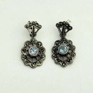 Vintage 925 Sterling Silver Blue Topaz Marcasite Stone Dangle Earrings - Picture 1 of 7