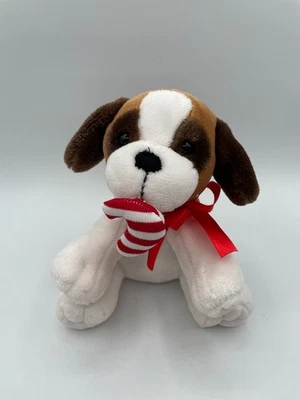 Animal Adventure St. Bernard Puppy Dog Plush 8” Red Bow Brown Candy Cane 2015 - Image 1 of 4