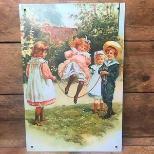 Letrero de hojalata de cuerda para saltar niños antigua de 6" x 9" - Imagen 1 de 1