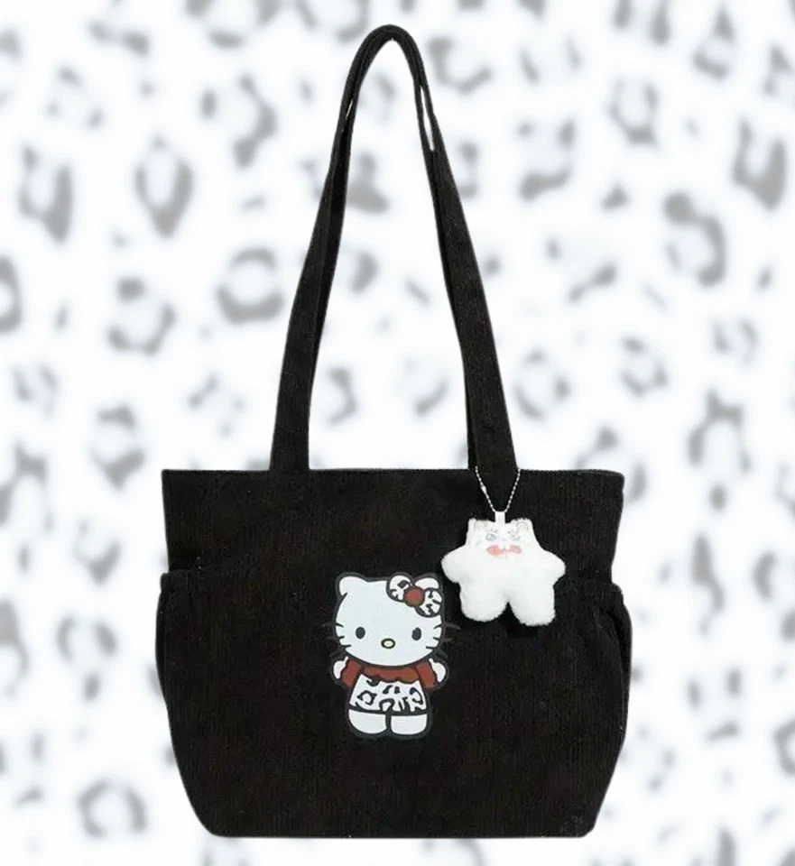 Bolso de Hombro Hello Kitty Estampado de Leopardo Negro Pana Mujer Bolso de Mano Cheetah KT Foto 1 de 4