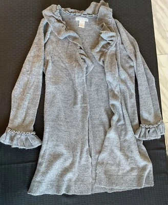 Suéter Cárdigan Largo Vintage Suzie Gris Jaspeado Talla Grande Largo con Volantes Foto 1 de 4