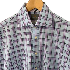 TD Thomas Dean Shirt Mens Sz Large Long Sleeve Plaid Blue Club Party Dress - Picture 1 of 6