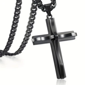 Fashion Titanium Steel Cross Pendant Necklace Women Men Trendy Necklace Black - Picture 1 of 3