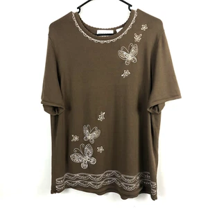 Women's Alfred Dunner Brown Round Scolloped Neck White Butterfly Embroidered L - Picture 1 of 7