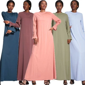 Women Muslim Plain Long Dress Abaya Dubai Kaftan Dress Islamic Arab Party Gown - Foto 1 di 43