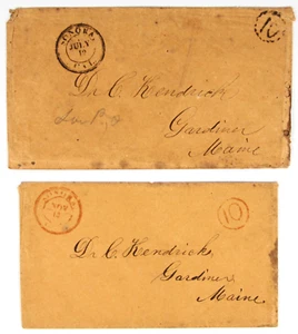 Sonora, CA (2 Covers) Red & Black DCDS, matching 10 in Circle to Maine c 1855/56 - Picture 1 of 2