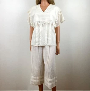 Vintage 80er Jahre Jessica McClintock zweiteilige Hosenbluse Set klein weiß Baumwolle - Bild 1 von 9