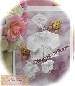 Knitting Pattern Baby's 4 Piece "Snowdrop" Set Cardigan, Hat, Bootees & Mitts