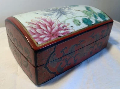 Antigua caja de tocador de cerámica y papel maché lacado chino ~ única Foto 1 de 4
