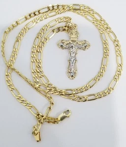 Real 14k Two Tone Gold Cross Crucifix Pendant Charm Religious + 22" Figaro Chain - Picture 1 of 10