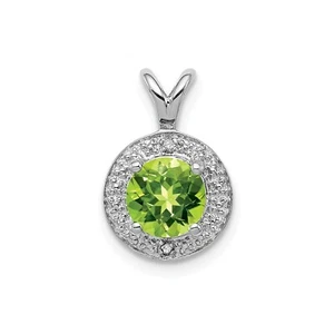 Sterling Silver Rhodiumed Diamond & Peridot August Birthstone Round Pendant - Picture 1 of 4