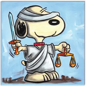 KLAUSEWITZ: ORIGINAL ACRYL GEMÄLDE LEINWAND :PEANUTS SNOOPY JUSTITIA /20x20 cm - Bild 1 von 1