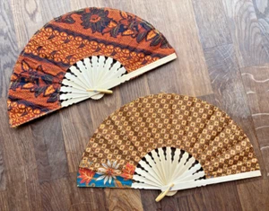 2 Brown Fans Hand Bamboo Cloth Handmade Indonesia New Avenico Abenico #07824AA - Picture 1 of 19