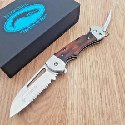 Myerchin Generation 2 Folding Knife 2.5" Serrated Stainless Blade Wood Handle - Image 1 of 4