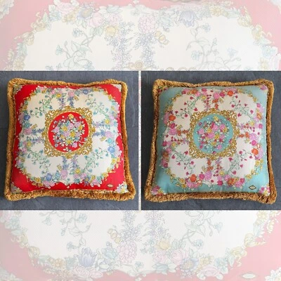 GIANNI VERSACE 1995 pillow silk fringed Floral print size 17” red & light blue - Image 1 of 4