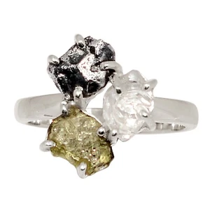 Natürlicher echter tschechischer Moldavit & H.D. 925 Silber Ring Schmuck Gr.6 ALLR-32328 - Bild 1 von 1