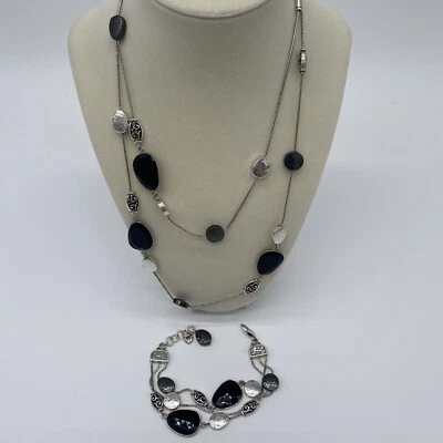 Brighton Necklace & Bracelet Set Long Chain Black Stones Silver & Pewter Beads - Image 1 of 4