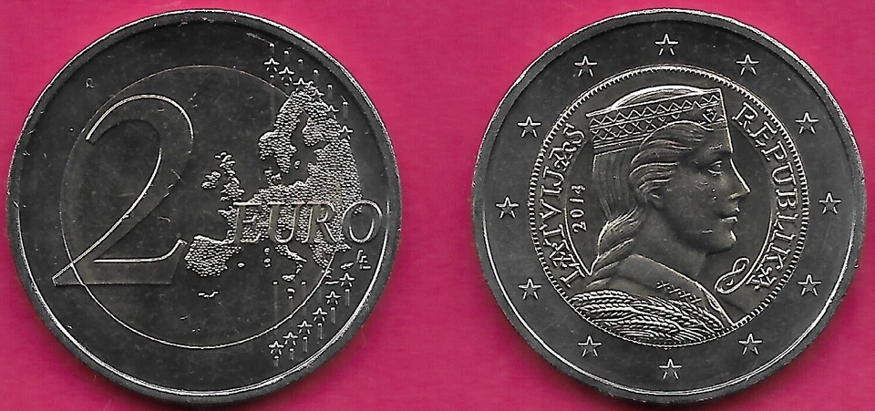 LATVIA 2 EURO 2014 UNC A LATVIAN FOLK-MAID IN PROFILE,ORIGINALLY DEPICTED ON THE - Image 1 of 1