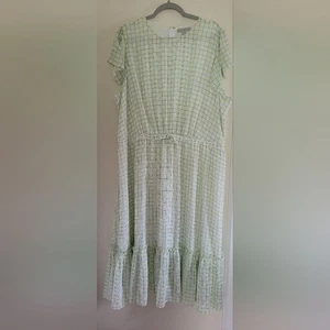 Ryegrass Light Green Plaid Prairie Modest Tie Waist Cottage Flowy Maxi Dress 2X - Picture 1 of 8