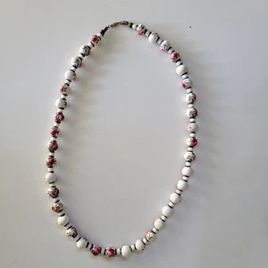 Vintage Floral Beaded Necklace, Hand-Painted Ceramic Beads with Pink Rose Design - Picture 1 of 10