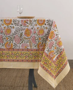 Indian Block Print Floral Table Cloth|Cotton 8-Seater 72x108 Inch Rectangle F... - Foto 1 di 7