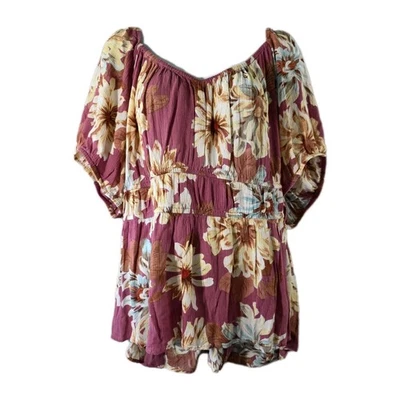 Maurices Shirt Women Plus 3X Rose Pink Ivory Floral Babydoll Short Puff Sleeves - Image 1 of 4