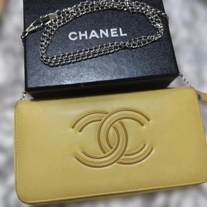 CHANEL Lemon Yellow Round Zip Long Wallet with Chain Crossbody Authentic Used - Picture 1 of 20