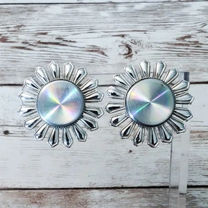 Vintage Clip On Earrings Iridescent Silver Tone Just Over 1 & 1/8" - Picture 1 of 7