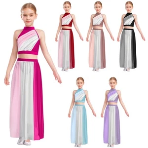 Kinder Mädchen Set Gymnastik Anzug Crop Top Outfit Chiffon Ruched Front Tanzen - Picture 1 of 45