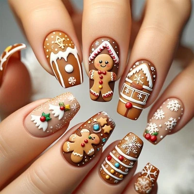 Gingerbreads Man False Nails Full Cover on Nails Christmas Press On Nails