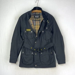 Barbour Slim International Wax Jacket Mens Small Black Belted A7 Motorcycle Coat - Picture 1 of 16