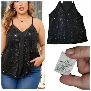 Camiseta sin mangas recortada con lentejuelas negras curvas nueva sin etiquetas fiesta noche talla 22 2XL - Imagen 1 de 8