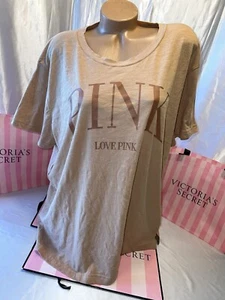 Victorias Secret PINK T-Shirt Oversized Logo Super Cute Medium Tan - Picture 1 of 2