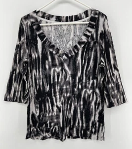 Nicole Miller New York Womens V Neck Blouse Top Size XL 3/4 Sleeve Black Gray - Picture 1 of 8